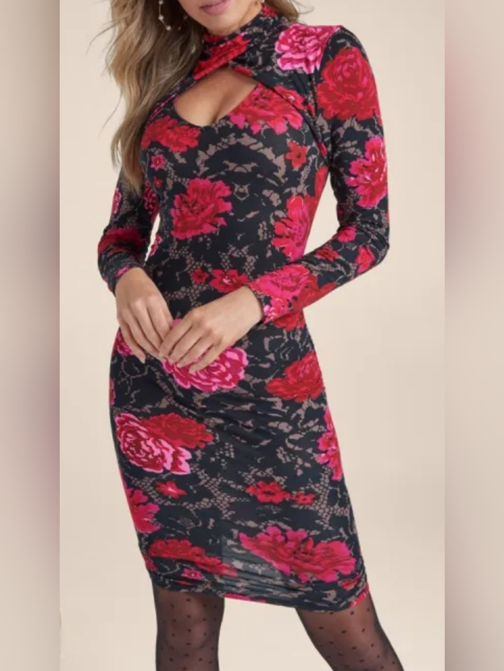 VENUS Black Midi Dress with Pink and Red Floral Print - Medium